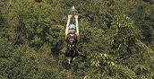 Lancio dalla Colossus Zipline a Veglio con vista sulle montagne biellesi.